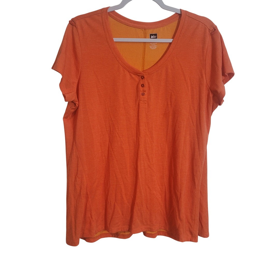 REI Womens XL Orange Tencel Blend Short Sleeve Henley Hiking T-Shirt Gorpcore
